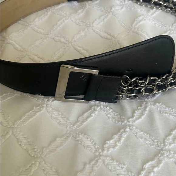 Black Leather Belt with Chain Detail - Picture 3 of 8